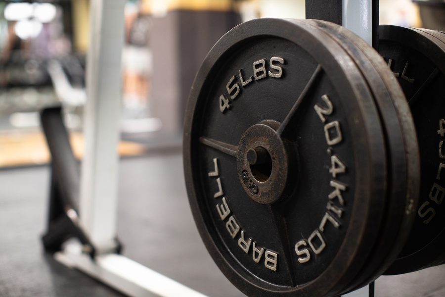 Weighted plates are seen at Fitness East Recreational Facility at the University of Iowa on Thursday, Oct. 14, 2021. (Gabby Drees/The Daily Iowan)