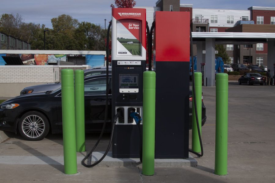An electric car charging station, located at Kum & Go on Riverside Drive in Iowa City, is seen on Wednesday Oct. 27, 2021. 