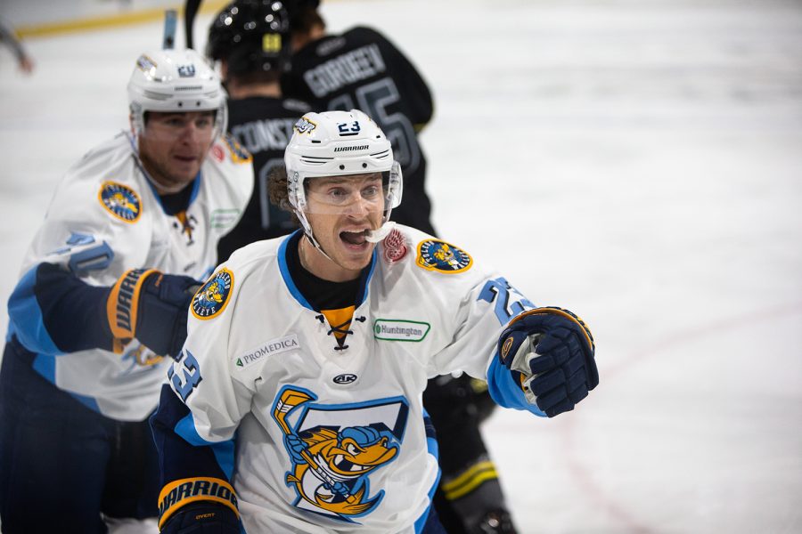 Walleye center Conlan Keenan celebrates after scoring a goal during a hockey game between the Iowa Heartlanders and the Toledo Walleye at the Xtream Arena in Coralville, Iowa on Friday, Oct. 30, 2021. The Walleye won against the Heartlanders 10-1. 