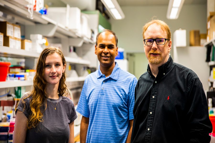 Professor Patrick Sinn right, and members of his research team Cami Hippee Graduate Student in Microbiology, Brajesh Singh Associate Research Scientist take time out for a picture on Friday, Oct. 8, 2021.