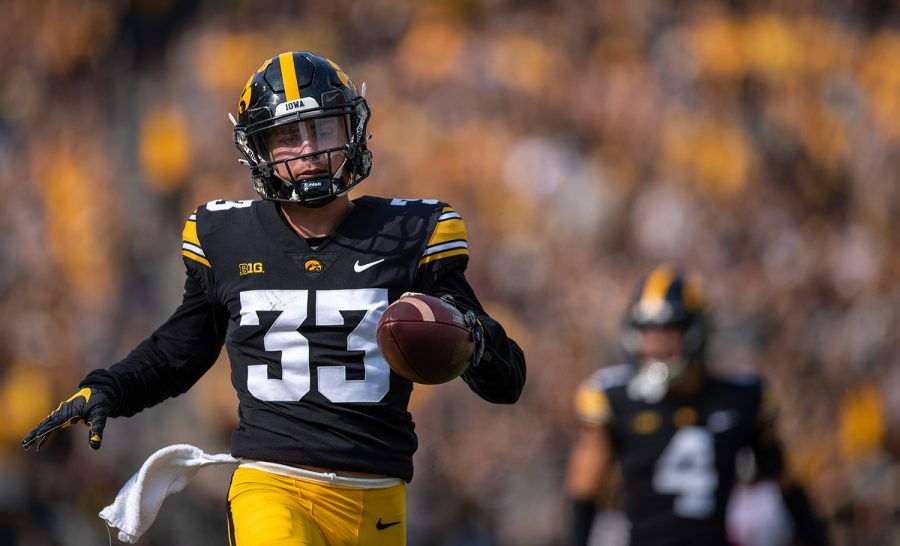 Iowa defensive back Riley Moss returns an interception for his second pick six of the day during a football game between No. 18 Iowa and No. 17 Indiana at Kinnick Stadium on Saturday, Sept. 4, 2021. (Jerod Ringwald/The Daily Iowan)