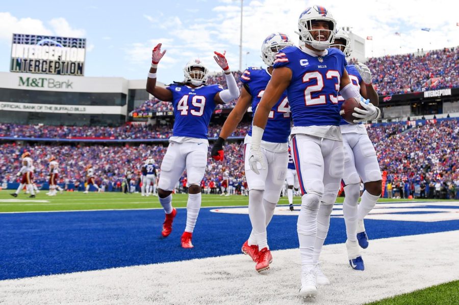 Sep 26, 2021; Orchard Park, New York, USA; Buffalo Bills strong safety Micah Hyde (23) celebrates his interception against the Washington Football Team during the second half at Highmark Stadium. Mandatory Credit: Rich Barnes-USA TODAY Sports
