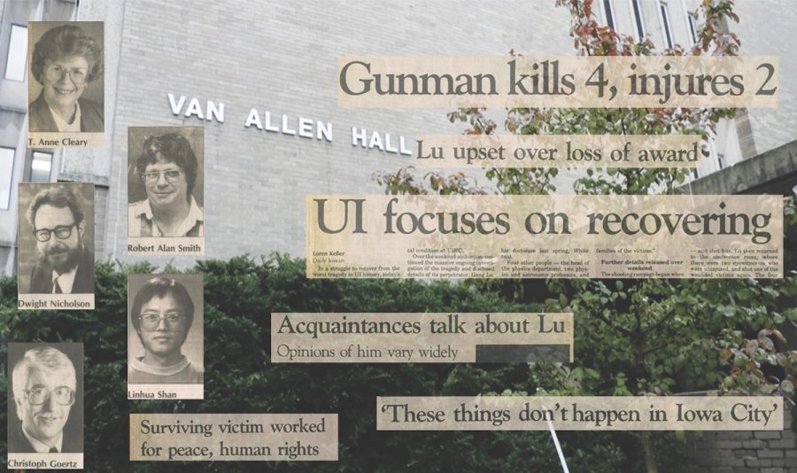 Van Allen Hall at the University of Iowa is seen on Friday, Oct. 29, 2021. Overlayed on the image are photos of newspaper clippings and the five victims of the 1991 UI campus shooting. 
