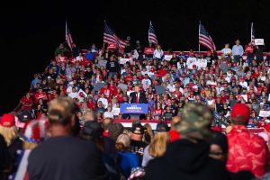 Former President Donald Trump addresses attendees that showed up for his “Save America” rally in Des Moines, Iowa on Saturday, Oct. 9, 2021. 