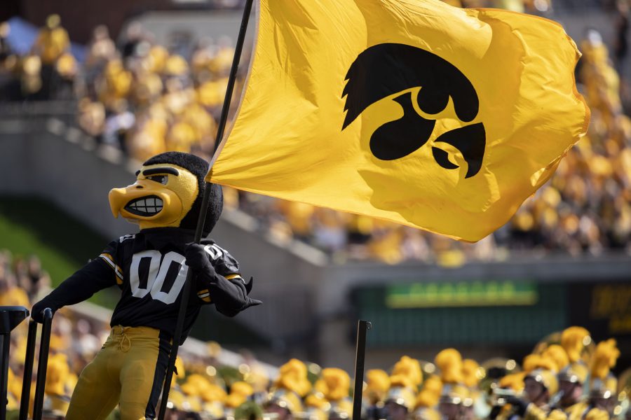 Herky gets the crowd excited before a football game between Iowa and Kent State at Kinnick Stadium on Saturday, Sept. 18, 2021. The Hawkeyes defeated the Golden Flashes with a score of 30-7. (Grace Smith/The Daily Iowan)