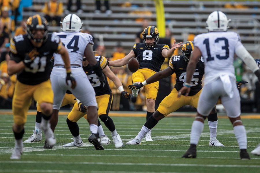 Iowa+punter+Tory+Taylor+kicks+the+ball+away+during+a+football+game+between+No.+3+Iowa+and+No.+4+Penn+State+at+Kinnick+Stadium+on+Saturday%2C+Oct.+9%2C+2021.+