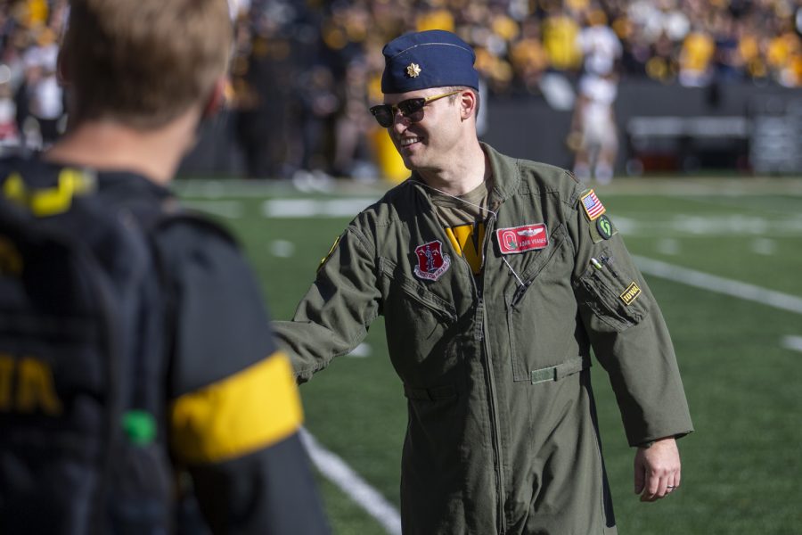 Iowa Military Hero of the Game Adam Vranek is honored on the field during a football game between No. 2 Iowa and Purdue at Kinnick Stadium on Saturday, Oct. 16, 2021. 
