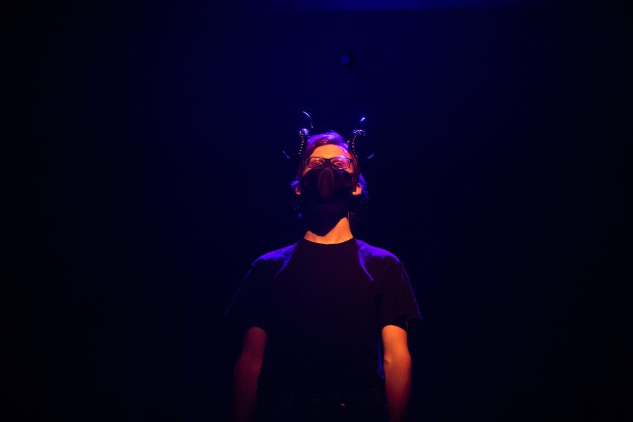 University of Iowa student Brian Niles practices during a Queer Horror Festival rehearsal at the MacVey Theatre at the University of Iowa on Wednesday Oct. 13, 2021. 