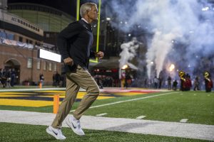 Iowa head coach Kirk Ferentz enters the field during a football game between Iowa and Maryland at Maryland Stadium on Friday, Oct. 1, 2021. The Hawkeyes defeated the Terrapins 51-14. 