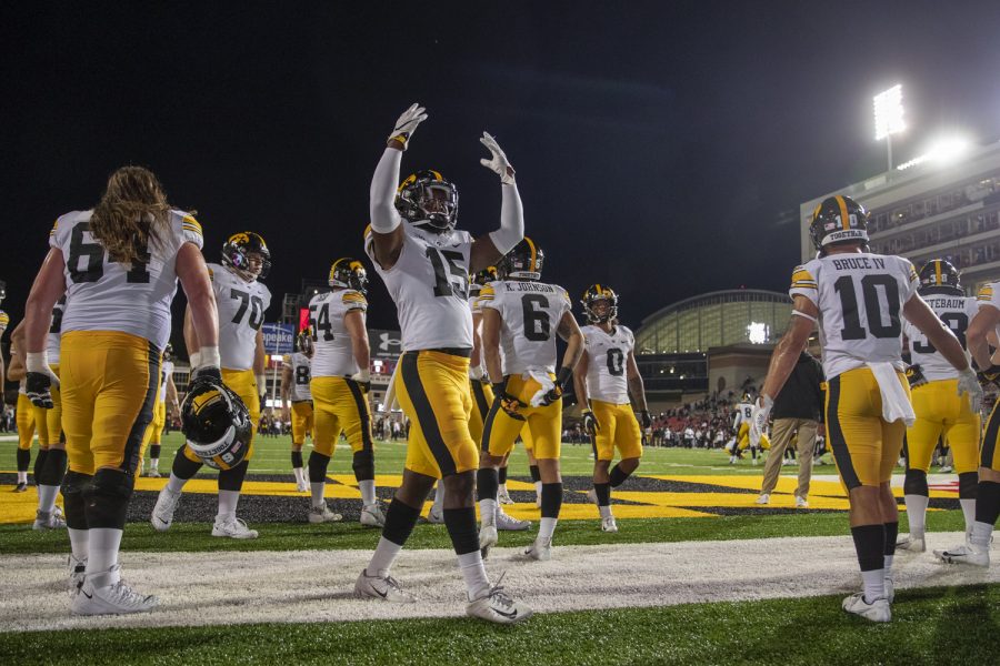 Iowa players warm up during a football game between Iowa and Maryland at Maryland Stadium on Friday, Oct. 1, 2021. The Hawkeyes defeated the Terrapins 51-14. 