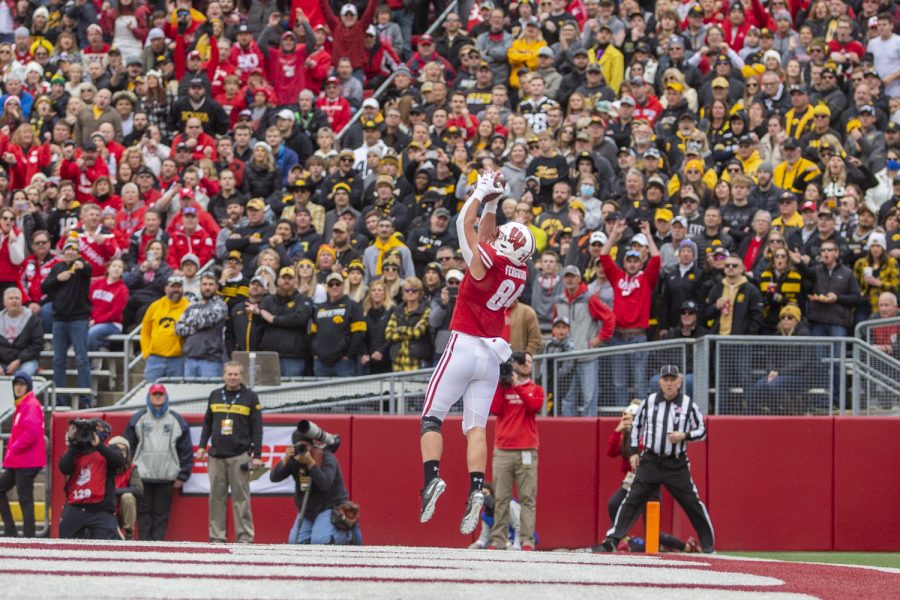 Wisconsin tight end Jake Ferguson catches a touchdown during a football game between No. 9 Iowa and Wisconsin at Camp Randall Stadium on Saturday, Oct. 30, 2021. Ferguson caught three passes for 13 yards and one touchdown. The Badgers defeated the Hawkeyes 27-7. 