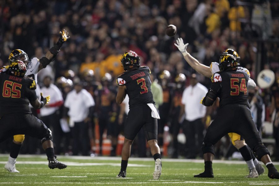 Maryland quarterback Taulia Tagovailoa throws a pass during a football game between Iowa and Maryland at Maryland Stadium on Friday, Oct. 1, 2021. The Hawkeye defense held Tagovailoa to 157 total yards. The Hawkeyes defeated the Terrapins 51-14. 