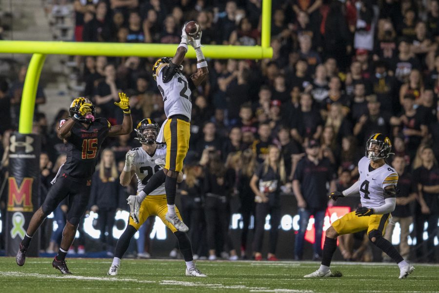 Iowa+defensive+back+Terry+Roberts+jumps+up+for+an+interception+during+a+football+game+between+Iowa+and+Maryland+at+Maryland+Stadium+on+Friday%2C+Oct.+1%2C+2021.+Roberts+finished+the+day+with+three+tackles+and+one+interception.+The+Hawkeyes+defeated+the+Terrapins+51-14.