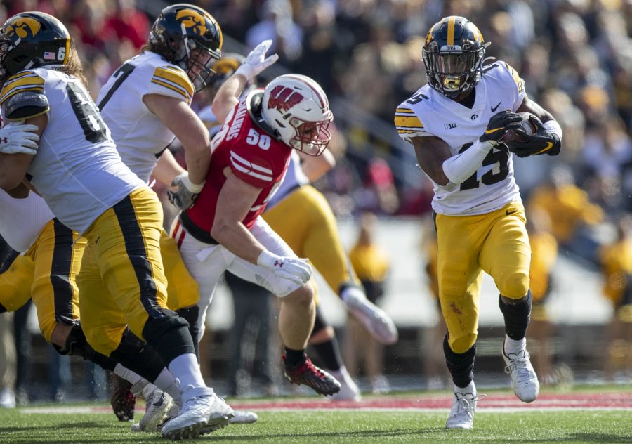 Iowa running back Tyler Goodson finds space to run during a football game between No. 9 Iowa and Wisconsin at Camp Randall Stadium on Saturday, Oct. 30, 2021. The Badgers held Goodson to 27 yards on 13 carries. The Badgers defeated the Hawkeyes 27-7. 