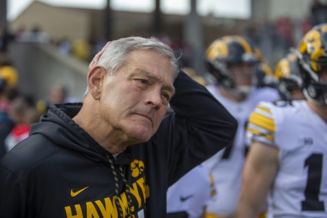 Iowa head coach Kirk Ferentz enters the field before a football game between No. 9 Iowa and Wisconsin at Camp Randall Stadium on Saturday, Oct. 30, 2021. The Badgers defeated the Hawkeyes 27-7. 