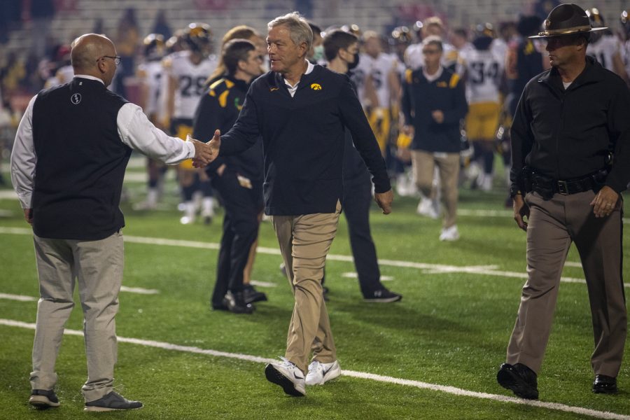 Iowa head coach Kirk Ferentz walks off the field during a football game between Iowa and Maryland at Maryland Stadium on Friday, Oct. 1, 2021. The Hawkeyes defeated the Terrapins 51-14.