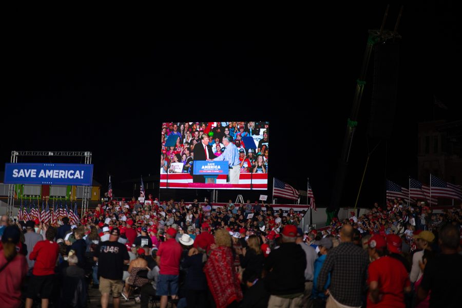 Former President Donald Trump endorses Iowa Senator Chuck Grassley during Donald Trump’s “Save America” rally in Des Moines, Iowa on Saturday, Oct. 9, 2021. Chuck Grassley has been an Iowa Senator since 1981. (Cecilia Shearon/The Daily Iowan)
