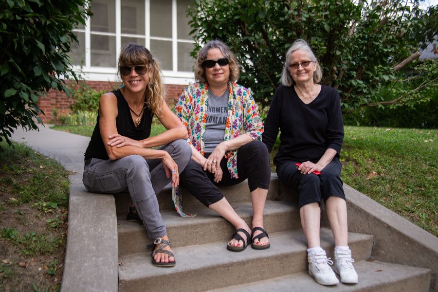 Artists Cheryl Jacobsen, Kathy Edwards Hayslett and Sue Hettmansperger (L-R) pose for a portrait in Iowa City on Friday, Oct. 1, 2021. Their Synergy exhibition will be on display at the ICON Gallery in Fairfield, Iowa Oct. 1 through Nov. 27. 