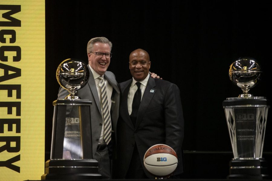 Iowa men’s head basketball coach Fran McCaffery takes a photo with Big Ten Conference Commissioner Kevin Warren during Big Ten Basketball Media Days at Gainbridge Fieldhouse in Indianapolis, Indiana on Thursday, Oct. 7, 2021.