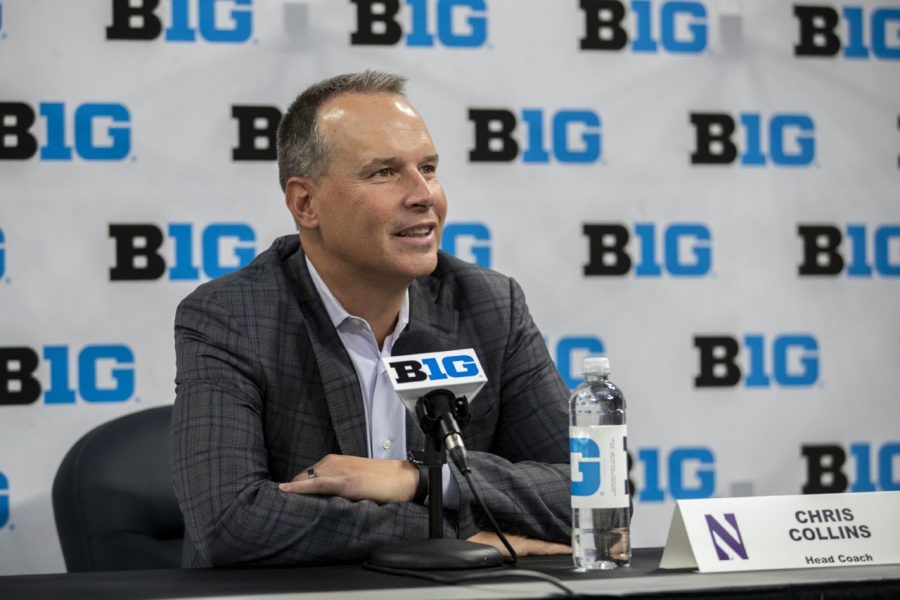 Northwestern men’s head basketball coach Chris Collins answers a question about Fran McCaffery during day two of Big Ten Basketball Media Days at Gainbridge Fieldhouse in Indianapolis, Indiana, on Thursday, Oct. 7, 2021. Collins was the ball boy of a team that Iowa men’s head basketball coach Fran McCaffery and Big Ten Conference Commissioner Kevin Warren played together on.