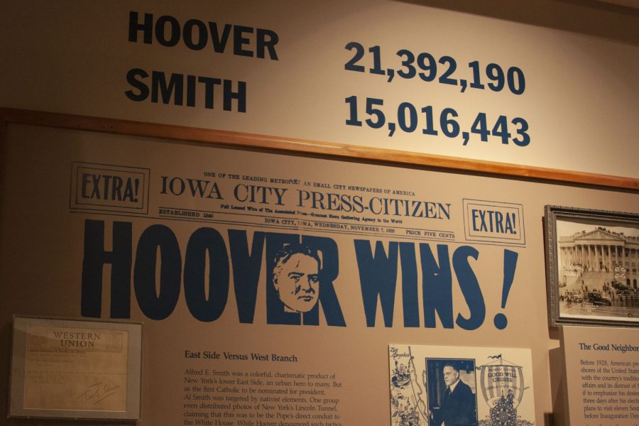 The 1928 election year shown by the Years of Leadership 1928-1933 exhibit at the Herbert Hoover Presidential Library and Museum on Oct. 29, 2021. (Dimia Burrell/The Daily Iowan)