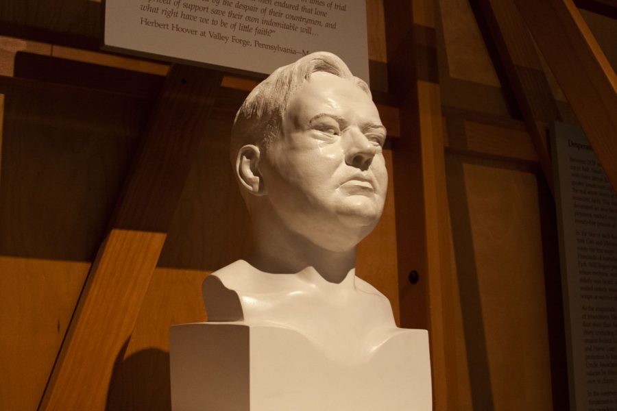 A statue of Herbert Hoover displayed in the Great Depression exhibit at the Herbert Hoover Presidential Library and Museum on Oct. 29, 2021. (Dimia Burrell/The Daily Iowan)