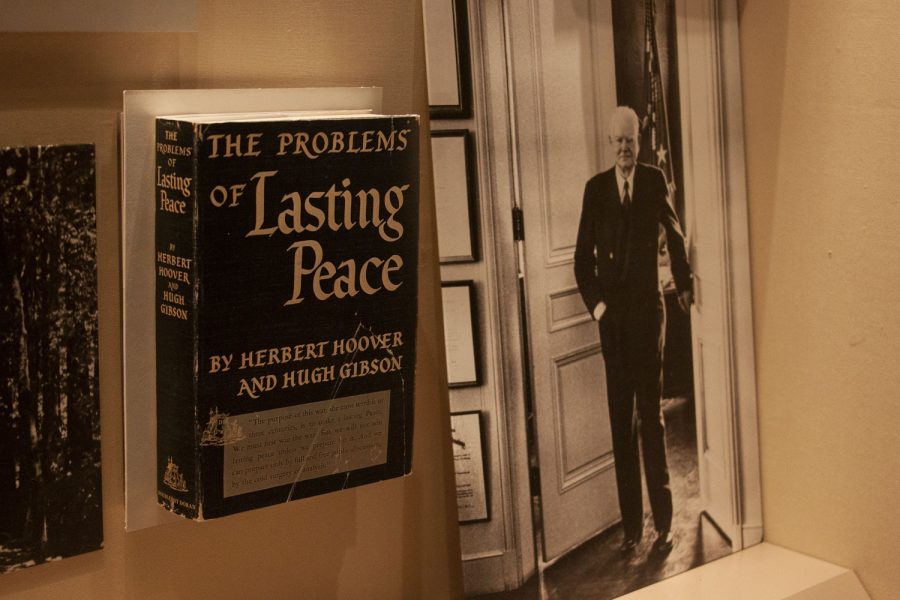 A book written by Herbert Hoover after his life in the White House displayed in the Years of Struggle and Acclaim 1933-1964 exhibit at the Herbert Hoover Presidential Library and Museum on Oct. 29, 2021. (Dimia Burrell/The Daily Iowan)