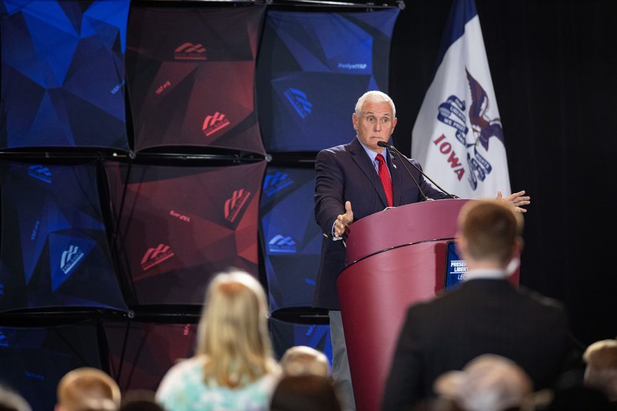 Former Vice President Mike Pence addresses a crowd during a Young Americans for Freedom event at the Iowa Memorial Union main lounge on Nov. 1, 2021. Pence was the main speaker at the event. Pence gave a speech about protecting the United States Constitution from the current administration’s left-leaning values. 