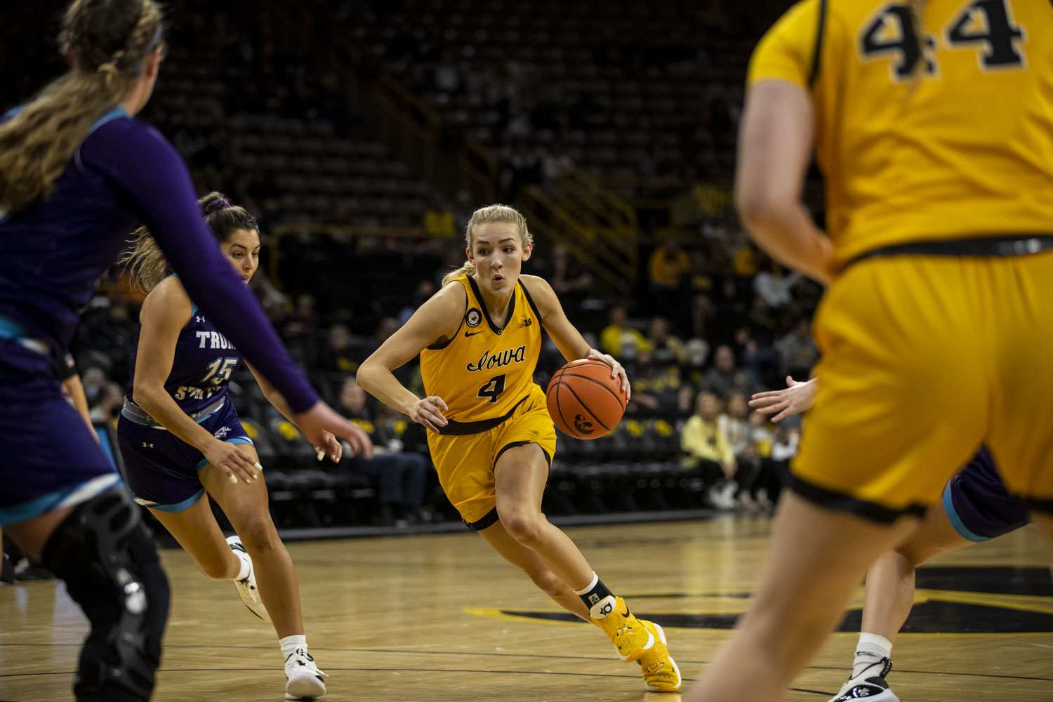 Iowa guard Kylie Feuerbach drives toward the hoop during an exhibition women’s basketball game between Iowa and Truman State at Carver-Hawkeye Arena in Iowa City on Thursday, Nov. 4, 2021. The Hawkeyes defeated the Bulldogs 102-32. Feuerbach shot 3-6 from the field with 9 points. (Grace Smith/The Daily Iowan)