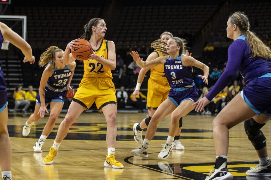 Iowa guard Caitlin Clark looks to pass the ball during an exhibition women’s basketball game between Iowa and Truman State at Carver-Hawkeye Arena in Iowa City on Thursday, Nov. 4, 2021. The Hawkeyes defeated the Bulldogs 102-32. Clark had nine assists. 