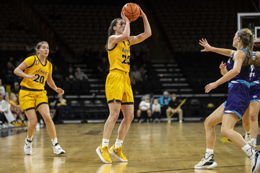 Iowa guard Caitlin Clark shoots outside the three-point line during an exhibition women’s basketball game between Iowa and Truman State at Carver-Hawkeye Arena in Iowa City on Thursday, Nov. 4, 2021. The Hawkeyes defeated the Bulldogs 102-32. Clark shot 4-8 from outside the arc. 