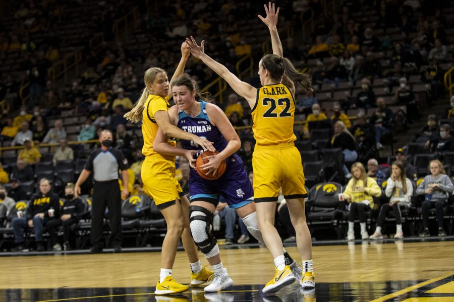 Truman+State+center+Alison+Thomas+gets+stopped+by+Iowa+forward+Logan+Cook+and+guard+Caitlin+Clark+during+an+exhibition+women%E2%80%99s+basketball+game+between+Iowa+and+Truman+State+at+Carver-Hawkeye+Arena+in+Iowa+City+on+Thursday%2C+Nov.+4%2C+2021.+The+Hawkeyes+defeated+the+Bulldogs+102-32.+Thomas+shot+1-2+in+the+field+with+six+points.+