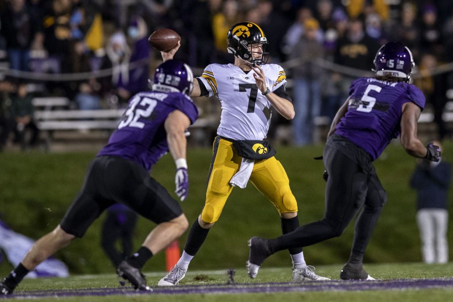 Iowa+quarterback+Spencer+Petras+looks+to+pass+during+a+football+game+between+No.+19+Iowa+and+Northwestern+at+Ryan+Field+in+Evanston%2C+Illinois%2C+on+Saturday%2C+Nov.+6%2C+2021.+The+Hawkeyes+defeated+the+Wildcats+17-12.+