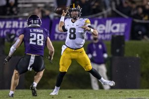 Iowa quarterback Alex Padilla passes the ball during a football game between No. 19 Iowa and Northwestern at Ryan Field in Evanston, Illinois, on Saturday, Nov. 6, 2021. The Hawkeyes defeated the Wildcats 17-12. Padilla replaced starting quarterback Spencer Petras during the first quarter of the game. 
