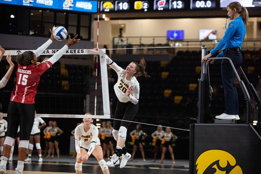 Iowa outside hitter Edina Schmidt hits the ball during a volleyball match between Iowa and No. 4 Wisconsin at Xtream Arena on Saturday, Nov. 6, 2021. The Badgers defeated the Hawkeyes 3-0. 