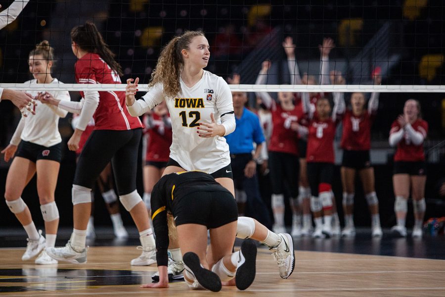 Iowa setter Bailey Ortega looks at a referee after a call during a volleyball match between Iowa and No. 4 Wisconsin at Xtream Arena on Saturday, Nov. 6, 2021. The Badgers defeated the Hawkeyes 3-0. 