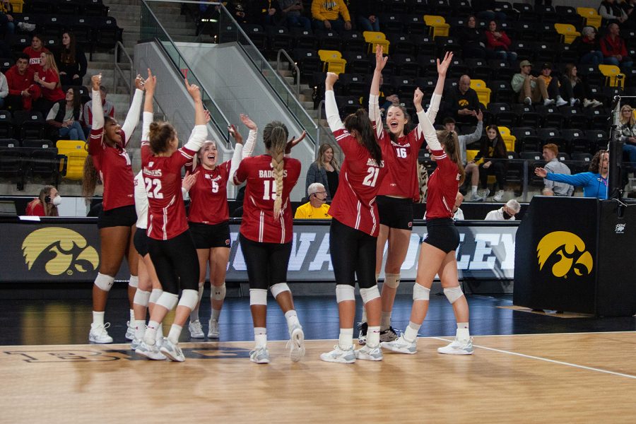 Members of the Wisconsin volleyball team celebrate after a volleyball match between Iowa and No. 4 Wisconsin at Xtream Arena on Saturday, Nov. 6, 2021. The Badgers defeated the Hawkeyes 3-0.