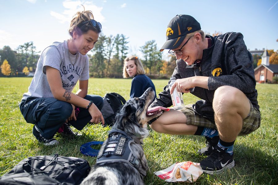 Ashlynn Phongsavanh, Sloane Eggenberger and Austin Cook (L-R) play with Phongsavanh’s dog Luna at Hubbard Park on Monday, Nov. 8, 2021. Phongsavanh said, “I wanted to bring Luna to college for the first time.” 