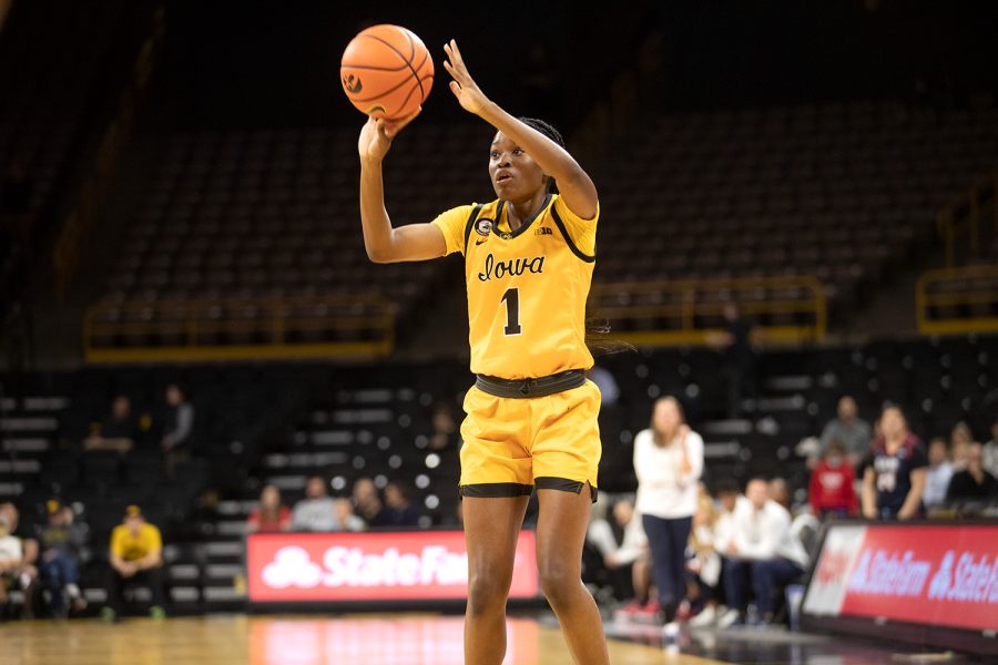 Iowa guard Tomi Taiwo attempts a 3-pointer during a women’s basketball game between Iowa and Samford at Carver-Hawkeye Arena in Iowa City on Thursday, Nov. 11, 2021. Taiwo shot 2-3 from outside the arc. The Hawkeyes defeated the Bulldogs 91-54.