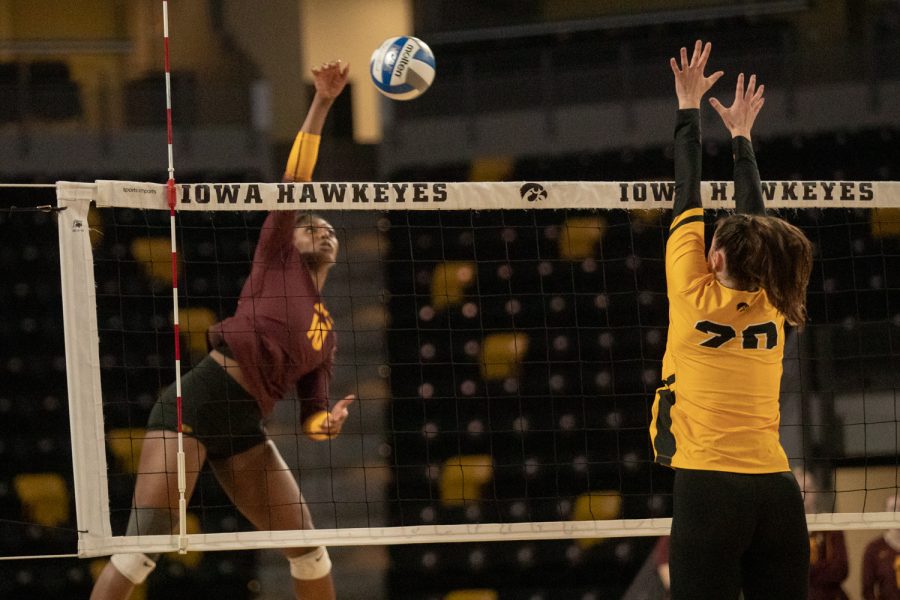 Minnesota opposite Stephanie Samedy spikes the ball during a volleyball match between Iowa and Minnesota at Xtream Arena in Coralville on Thursday, Nov. 11, 2021. The Gophers beat the Hawkeyes 3-0. (