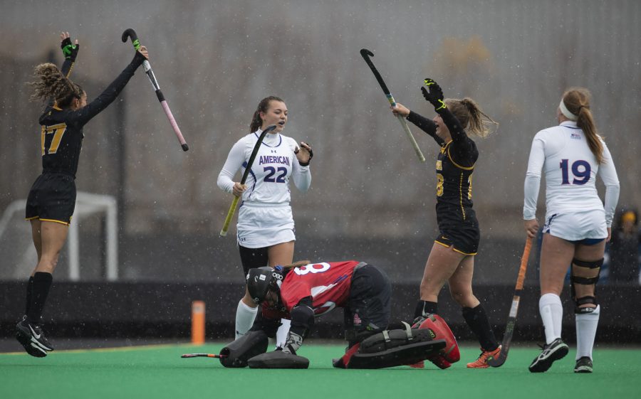 Iowa forward Ciara Smith and midfielder Lieve Schalk celebrate the first Iowa goal during the Sweet Sixteen round of the 2021 NCAA Field Hockey Tournament between Iowa and American University at Grant Field in Iowa City on Friday, Nov. 12, 2021. The Hawkeyes defeated the Eagles, 3-2.