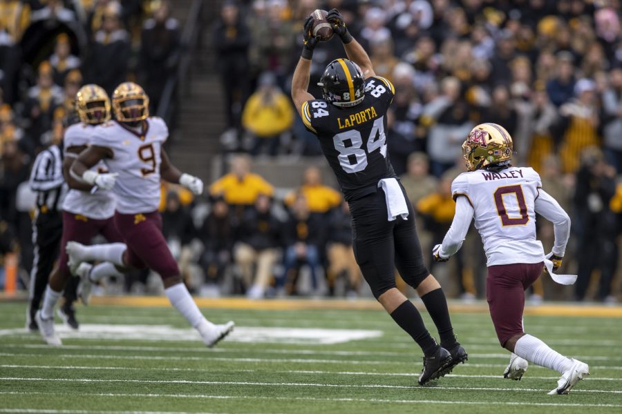 Iowa tight end Sam LaPorta catches a pass during a football game between Iowa and Minnesota at Kinnick Stadium in Iowa City on Saturday, Nov. 13, 2021. (Jerod Ringwald/The Daily Iowan)