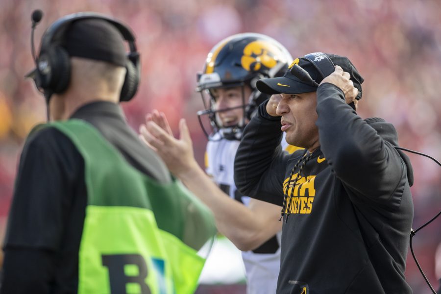 Iowa special teams coach Levar Woods reacts to a play during a football game between No. 16 Iowa and Nebraska at Memorial Stadium in Lincoln, Nebraska, on Friday, Nov. 26, 2021. The Hawkeyes defeated the Cornhuskers 28-21.