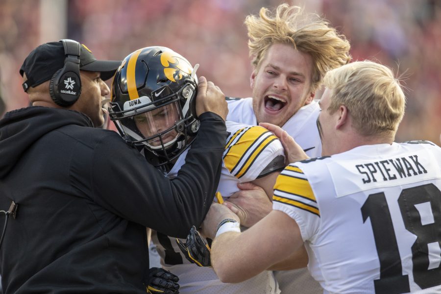 Iowa+special+teams+coach+Levar+Woods+hugs+defensive+back+Henry+Marchese+after+Marchese+blocked+a+punt+during+a+football+game+between+No.+16+Iowa+and+Nebraska+at+Memorial+Stadium+in+Lincoln%2C+Nebraska%2C+on+Friday%2C+Nov.+26%2C+2021.+Iowa+punter+Tory+Taylor+and+long+snapper+Austin+Spiewak+joined+in+the+celebration.The+Hawkeyes+defeated+the+Cornhuskers%2C+28-21.