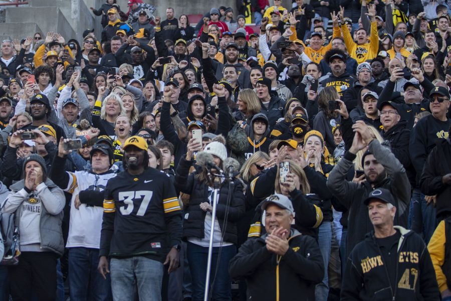 Iowa+fans+celebrate+Iowa%E2%80%99s+win+after+a+football+game+between+No.+16+Iowa+and+Nebraska+at+Memorial+Stadium+in+Lincoln%2C+Nebraska%2C+on+Friday%2C+Nov.+26%2C+2021.+The+Hawkeyes+defeated+the+Cornhuskers+28-21.