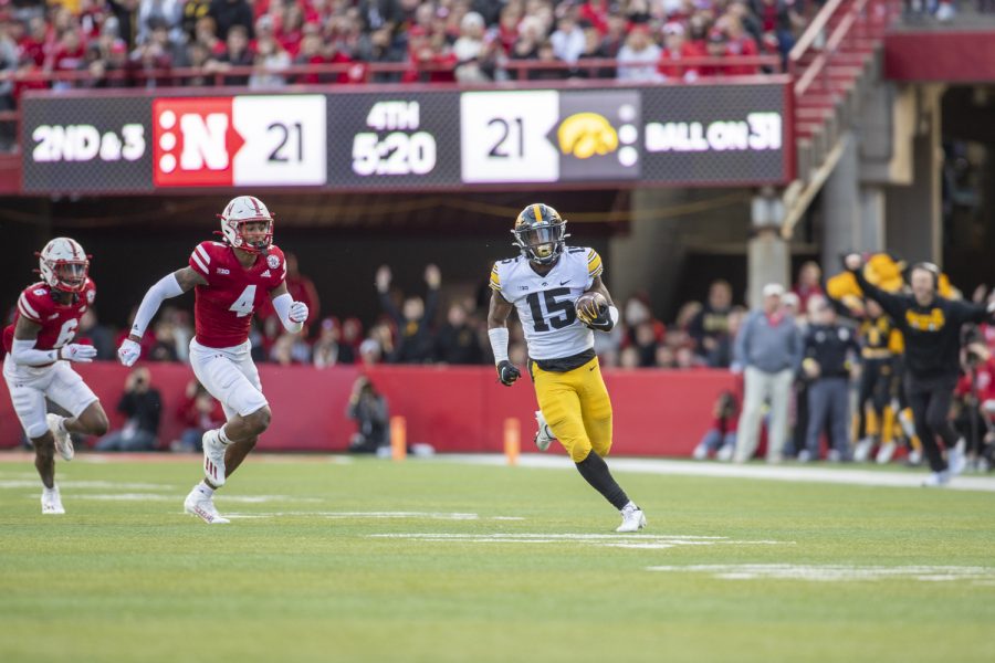 Iowa running back Tyler Goodson finds running room during a football game between No. 16 Iowa and Nebraska at Memorial Stadium in Lincoln, Nebraska, on Friday, Nov. 26, 2021. Goodson’s longest carry went for 55 yards. The Hawkeyes defeated the Cornhuskers 28-21.