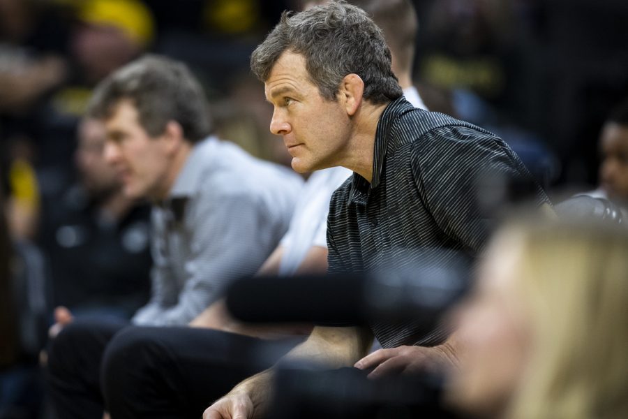 Iowa head coach Tom Brands watches his team during a wrestling meet between No. 1 Iowa and Army at Carver-Hawkeye Arena in Iowa City on Sunday, Nov. 28, 2021. The Hawkeyes defeated the Black Knights 36-7.