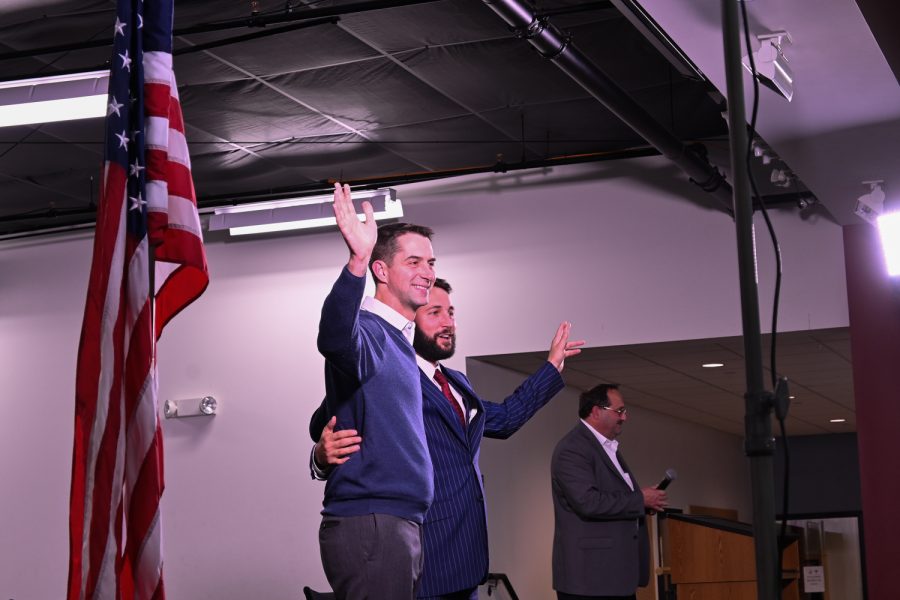 Arkansas Senator Tom Cotton and Iowa House Representative Bobby Kaufmann say their warm goodbyes to the Wilton crowd on November 12, 2021. A night of hope and confidence for the future of Iowa and the United States of America took place here at the Wilton Community Center. (Braden Ernst/The Daily Iowan)