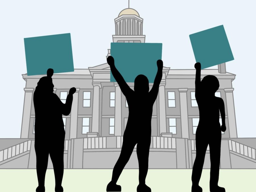 Illustration of people holding up posters in protest in front of the University of Iowa Old Capitol Building. Designed by Molly Milder. 