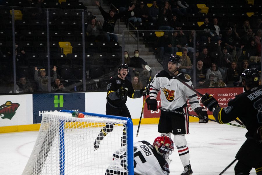 Iowa forward Ryan Kuffner celebrates after a goal is made during a hockey game between the Iowa Heartlanders and Indy Fuel at the Xtream Arena in Coralville, Iowa on Friday, Nov. 12, 2021. Kuffner earned one assist. Iowa won 5-3. 